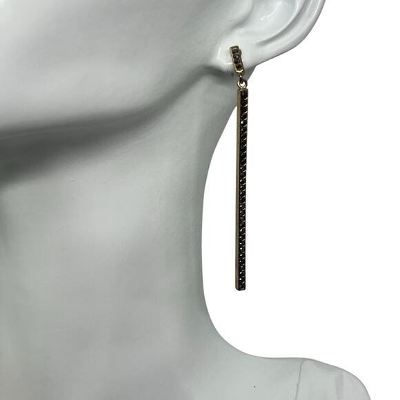 Black & Gold Linear Drop Earring - Slender Minimalist Design with Inset Crystals - Picture 4 of 6